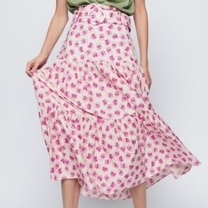 Zara High Waist Floral Midi Skirt With Belt